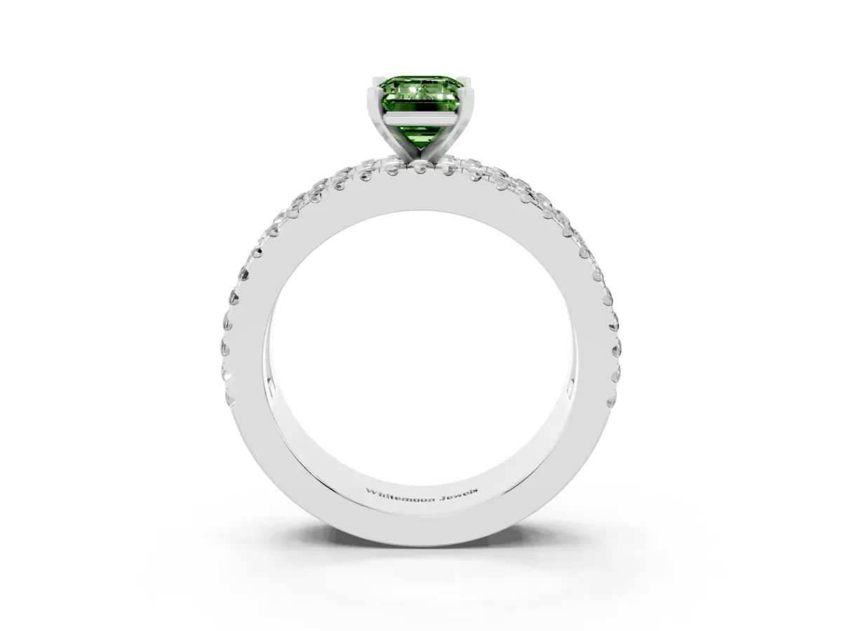 Fancy Green Emerald Cut Diamond Solitaire Ring with Pavé and Channel Set Band Silver