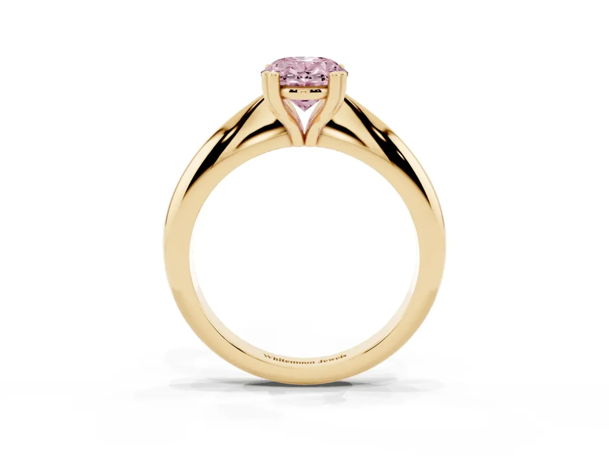 Fancy Pink Oval Cut Cut Solitaire Engagement Ring with Tapered Band and Four-Prong Setting Yellow gold