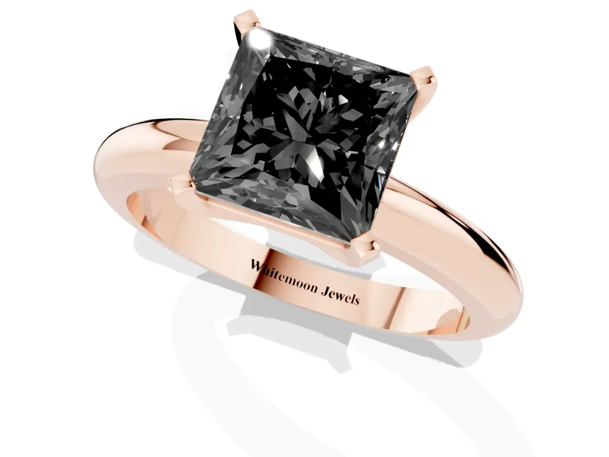 Fancy Black Princess Cut Diamond Solitaire Engagement Ring with Round Band and Four-Prong Setting Rose gold