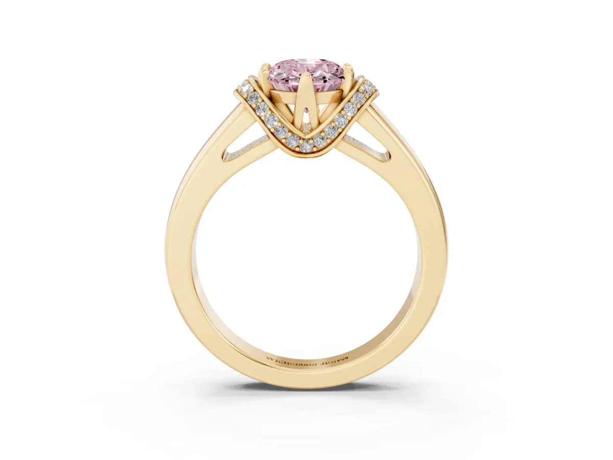 Fancy Pink Oval Cut Solitaire Diamond Ring with Pave Band and Six-Prong Setting Yellow gold