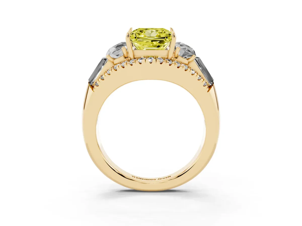 Fancy Yellow Three-Stone Princess Cut Diamond Engagement Ring with Pave Band and Prong Setting Yellow gold