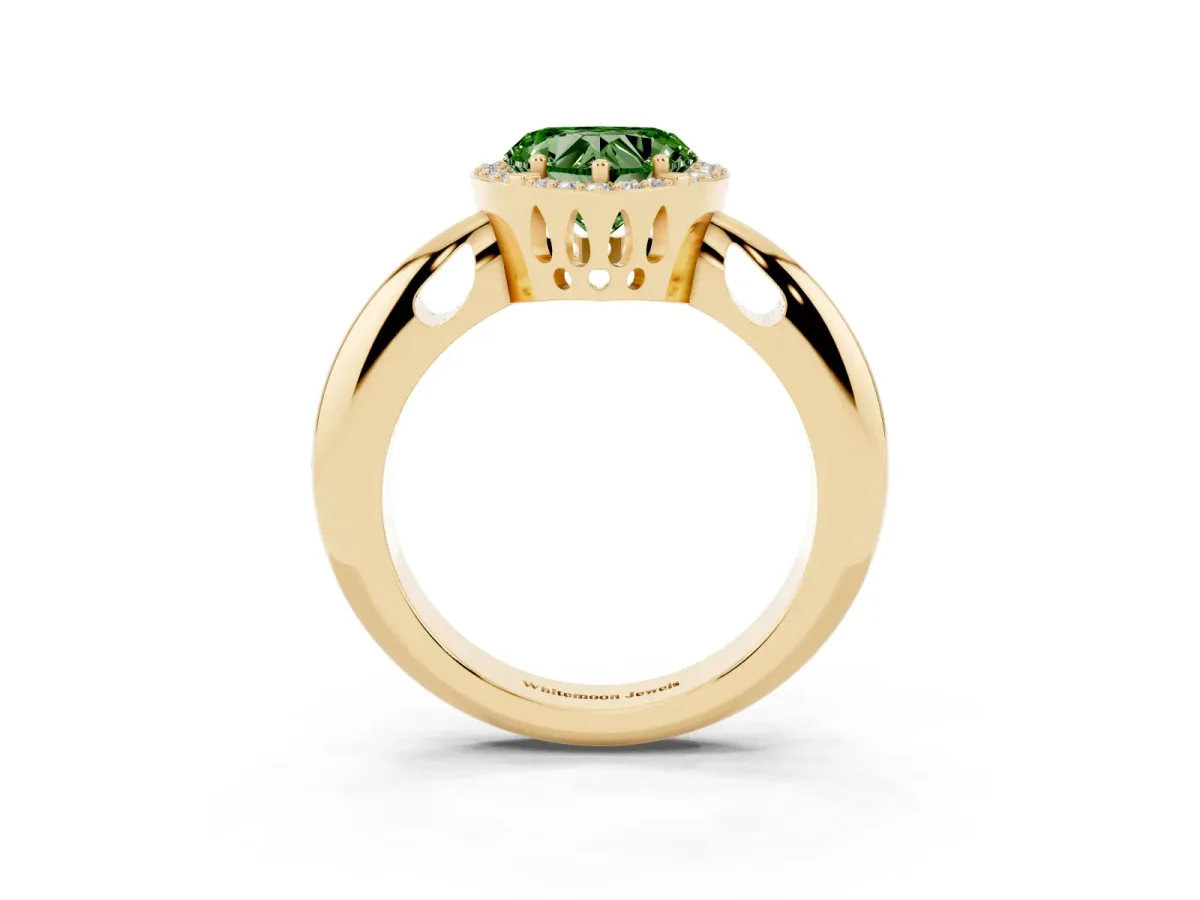 Fancy Green Heart Cut Cut Diamond Halo Engagement Ring with Split Shank and Four-Prong Setting Yellow gold