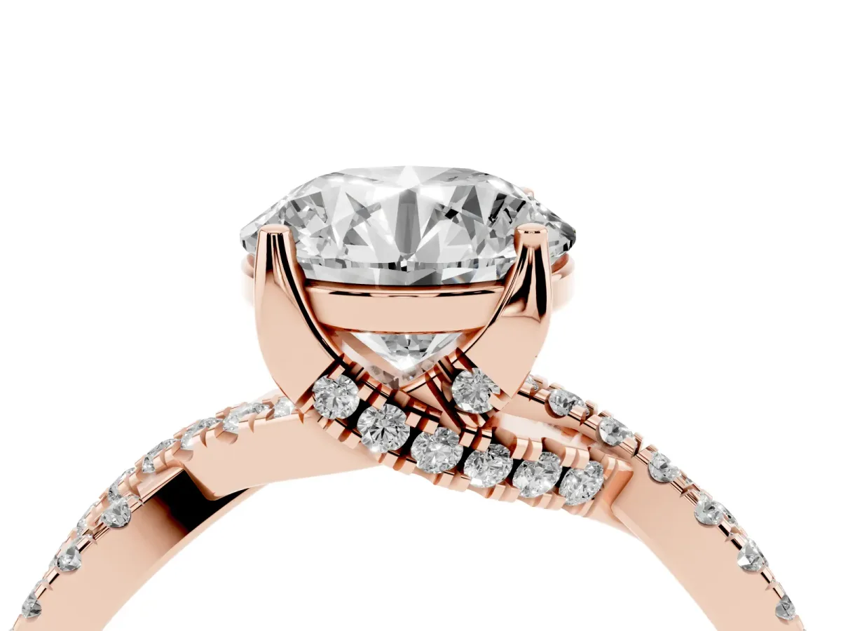 Round Cut Solitaire Twist Pave Diamond Engagement Ring with Prong Setting Rose gold