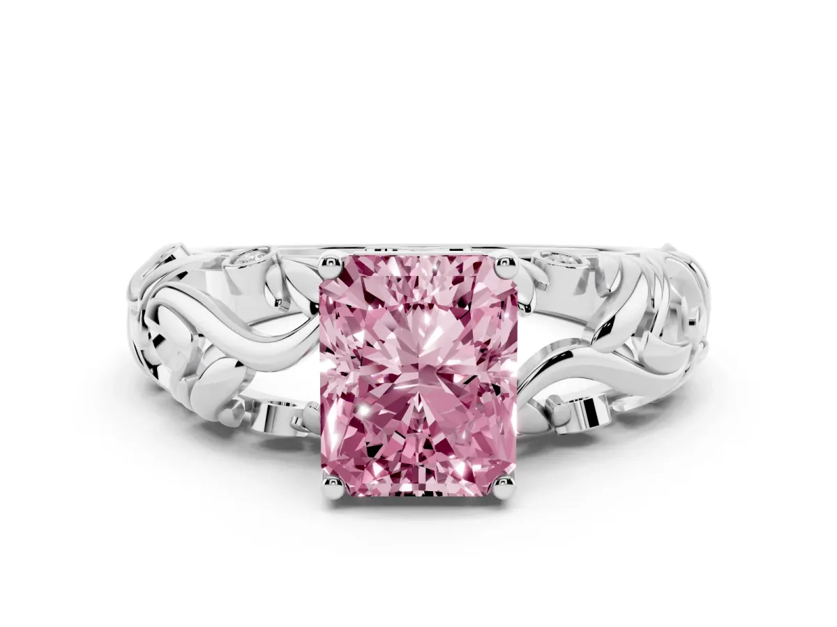 Fancy Pink Radiant Cut Solitaire Diamond Leaf-Inspired Vine Band Ring with Prong Setting Silver