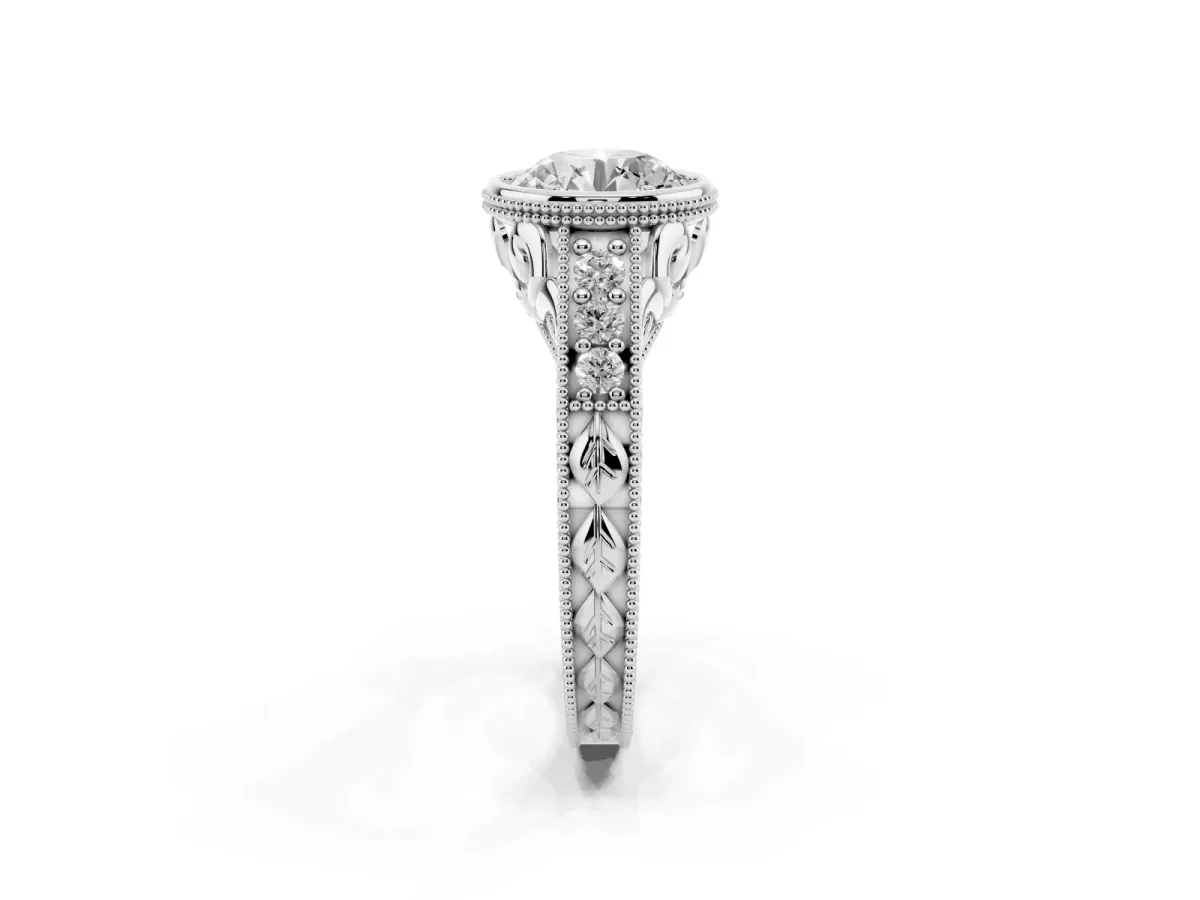 Bezel Set Round Cut Diamond Milgrain Pave Engagement Ring Silver
