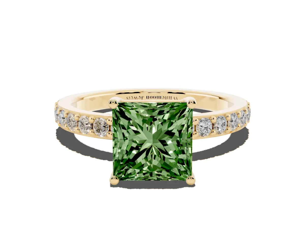 Fancy Green Princess Cut Cut Diamond Solitaire with Pave Band and Four-Prong Setting Yellow gold