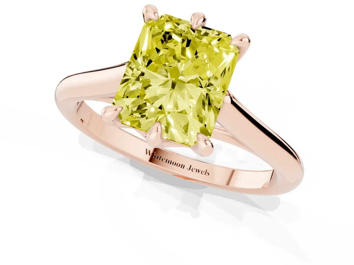 Fancy Yellow Radiant Cut Solitaire Engagement Ring with Six-Prong Setting and Classic Band Rose gold