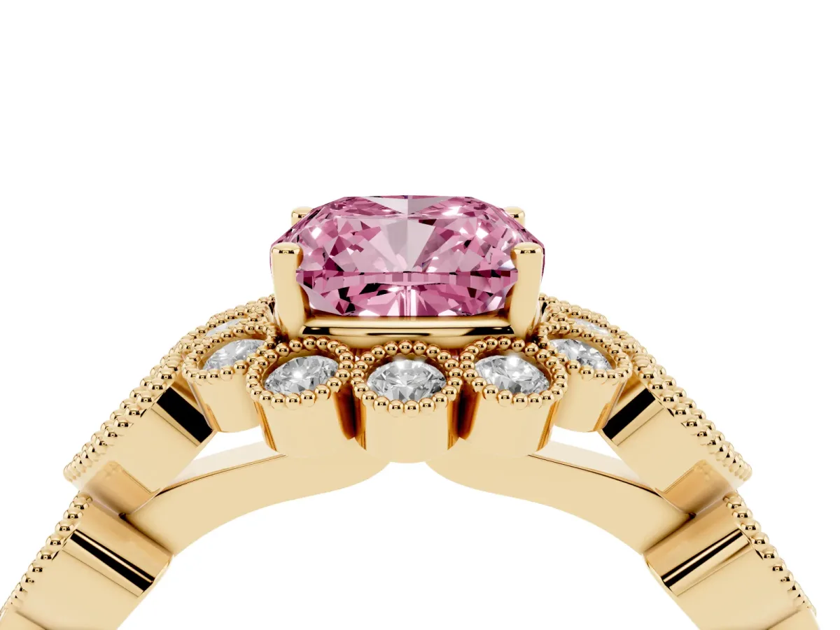Fancy Pink Cushion Cut Brilliant Milgrain Pave Heart Band Solitaire Ring Yellow gold