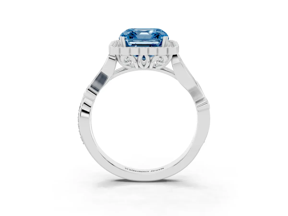 Fancy Blue Asscher Cut Diamond Halo Ring with Vintage Split Shank and Four-Prong Setting Silver
