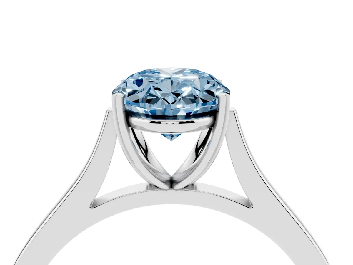 Fancy Blue Oval Cut Solitaire Heart Prong Engagement Ring with Tapered Band White gold