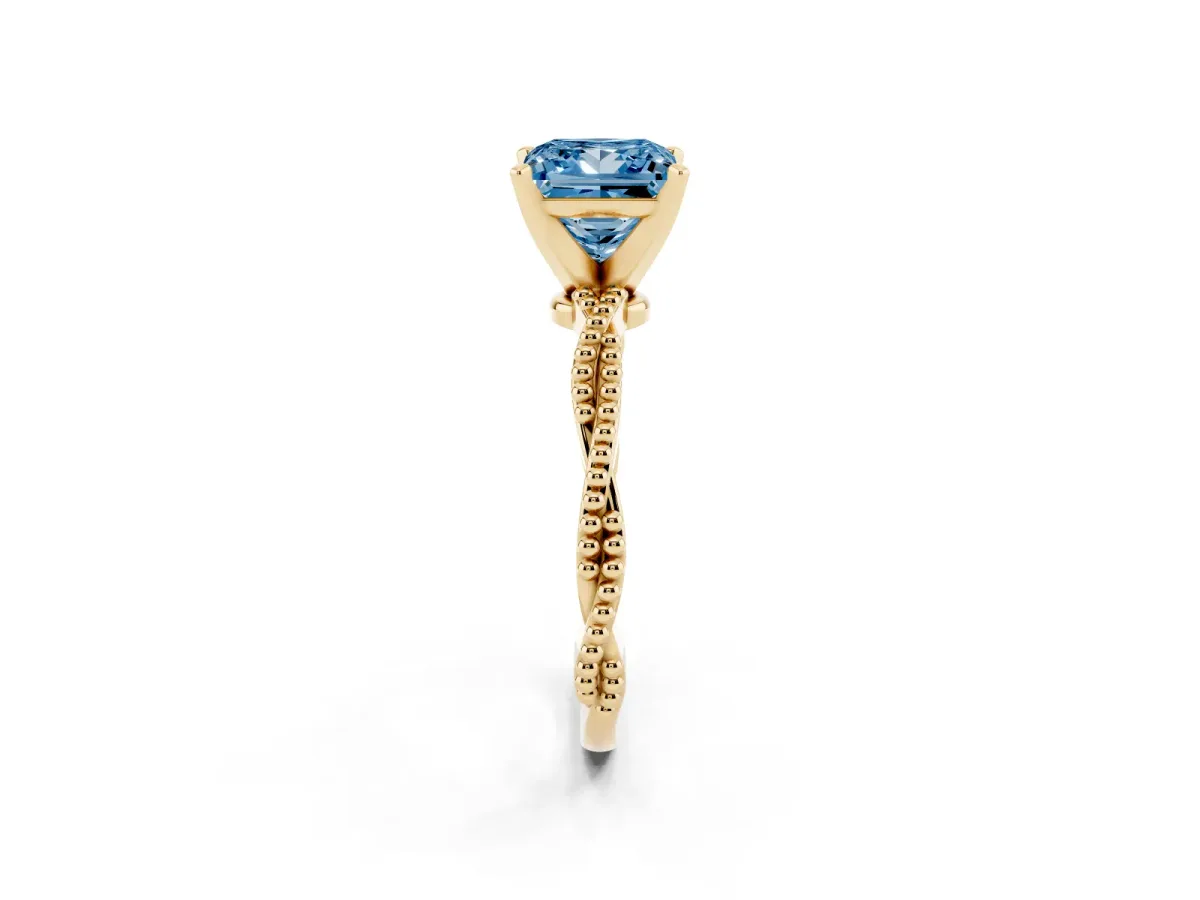 Fancy Blue Princess Cut Solitaire Twisted Band with Bead Prong Setting Yellow gold