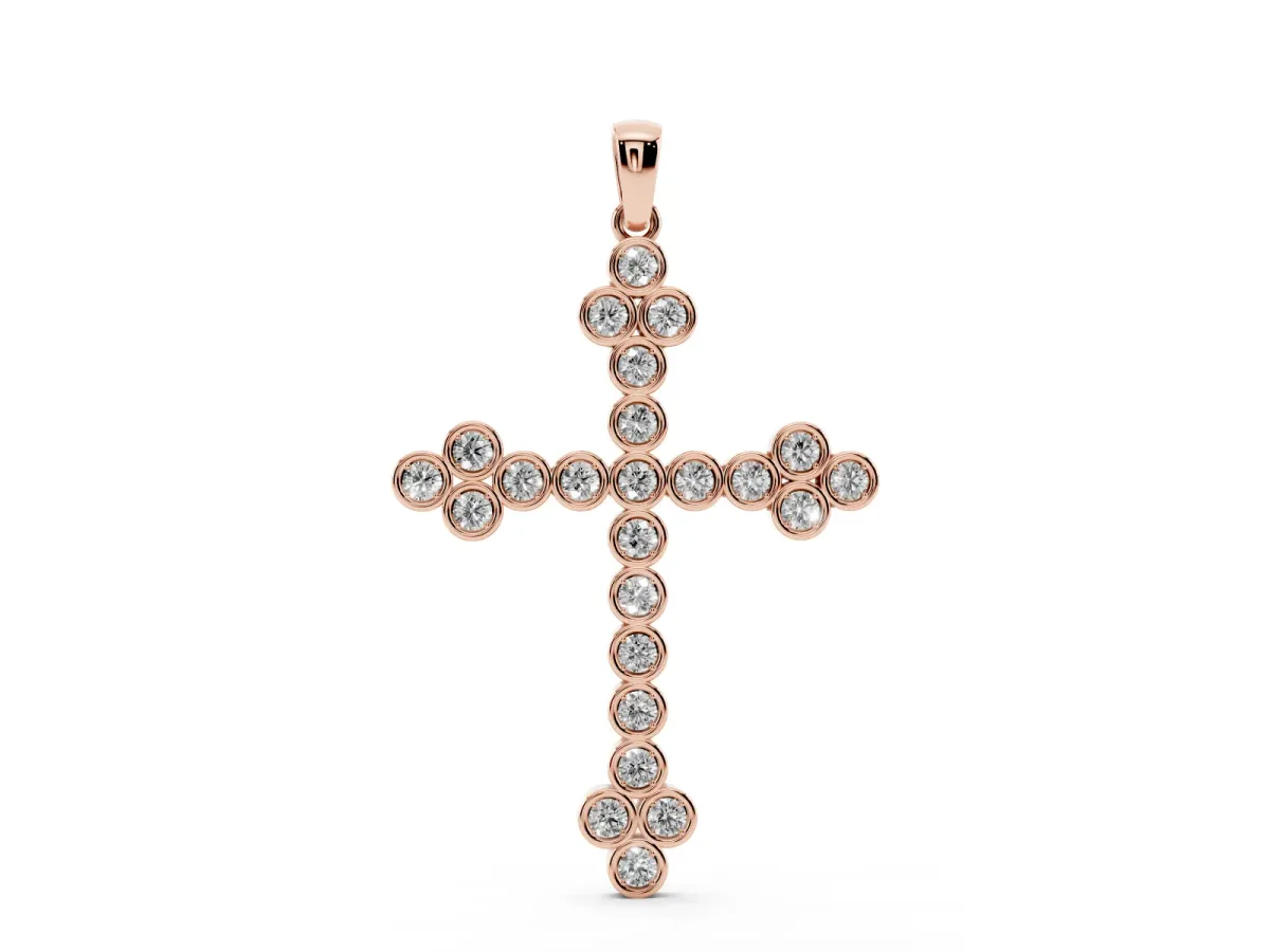 Round Diamond Bezel Set Cross Pendant Rose gold