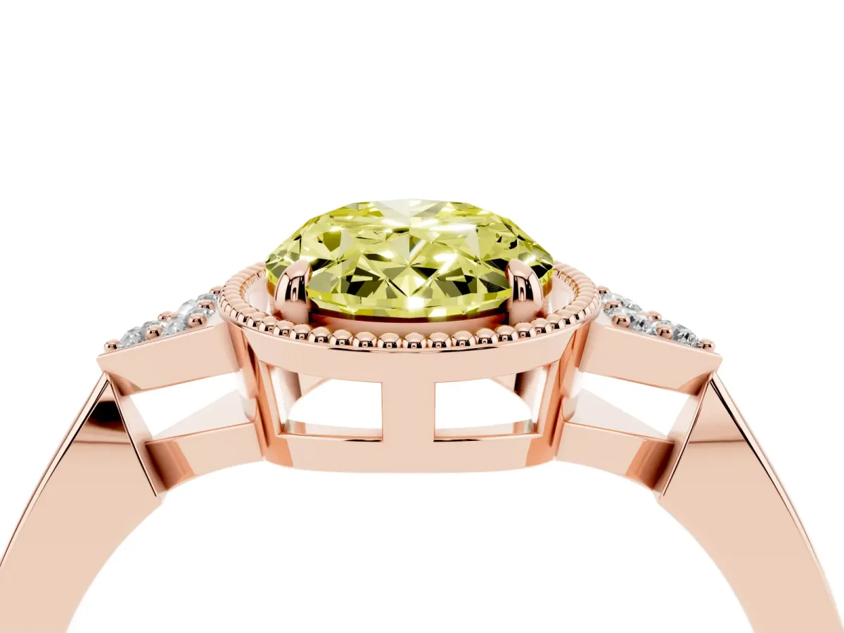 Fancy Yellow Hexagonal Halo Oval Cut Diamond Solitaire with Pavé Band and Four-Prong Setting Rose gold