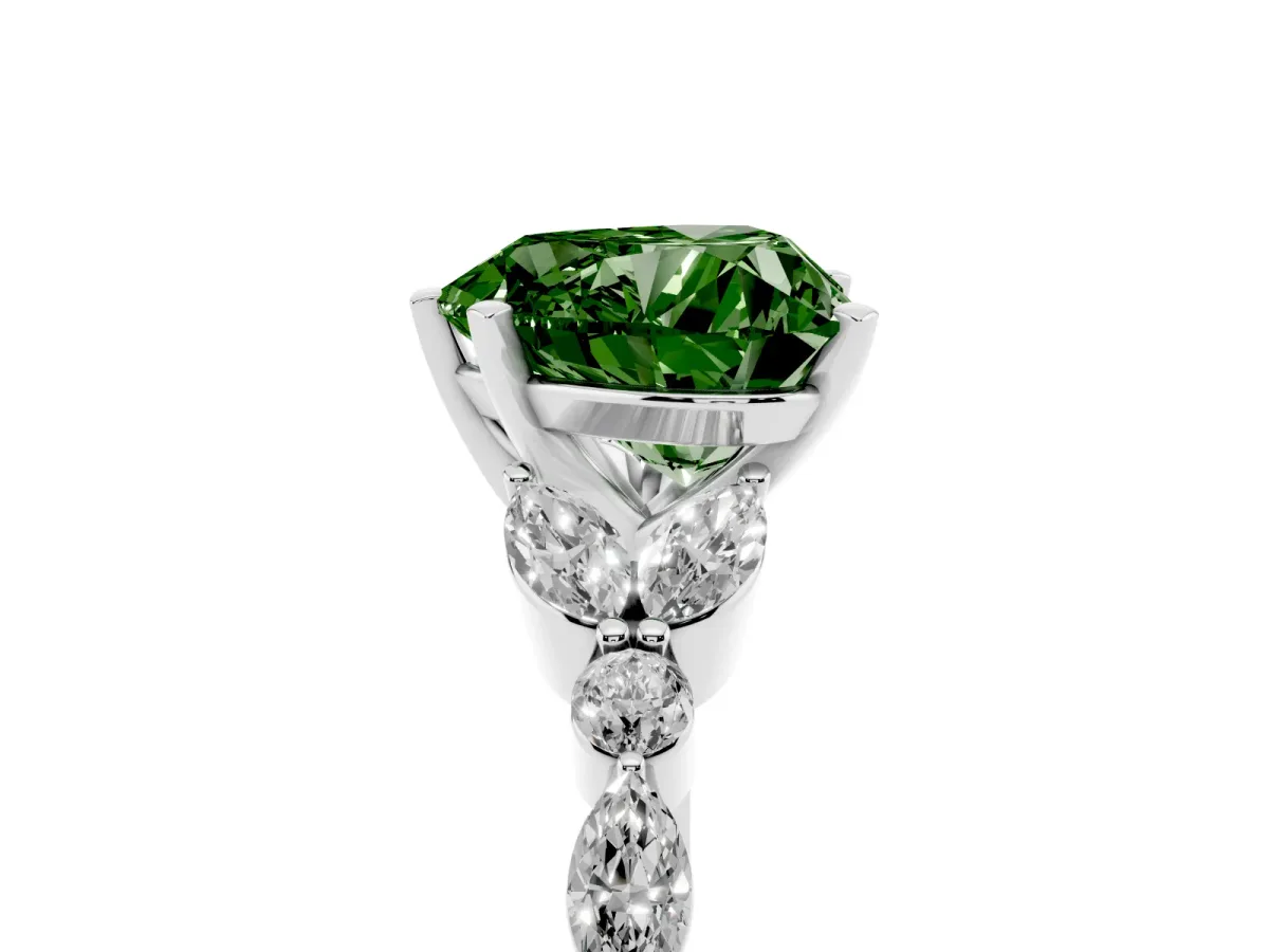 Fancy Green Heart Cut Diamond Solitaire Ring with Side Stones and Four-Prong Setting Silver