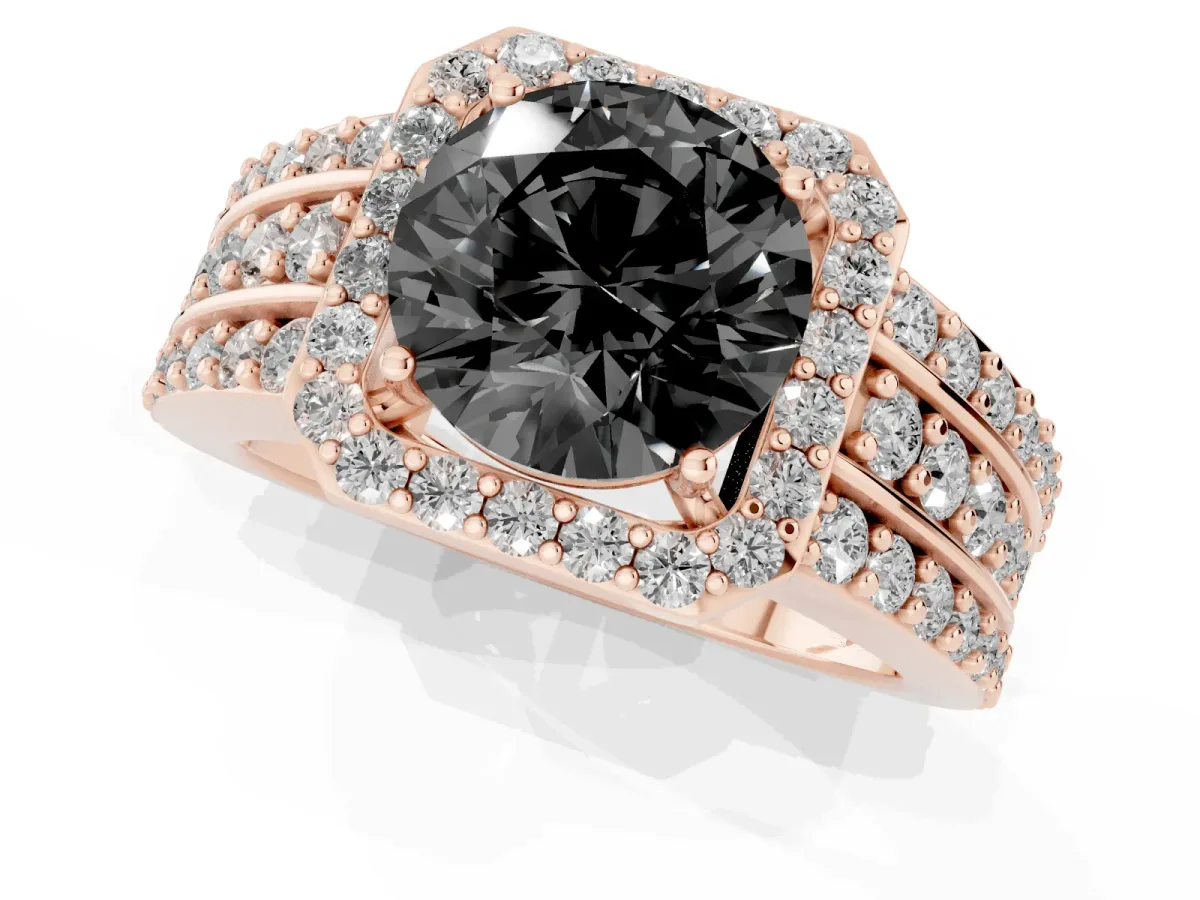 Fancy Black Round Cut Halo Diamond Ring with Round Split Shank and Prong Setting Rose gold