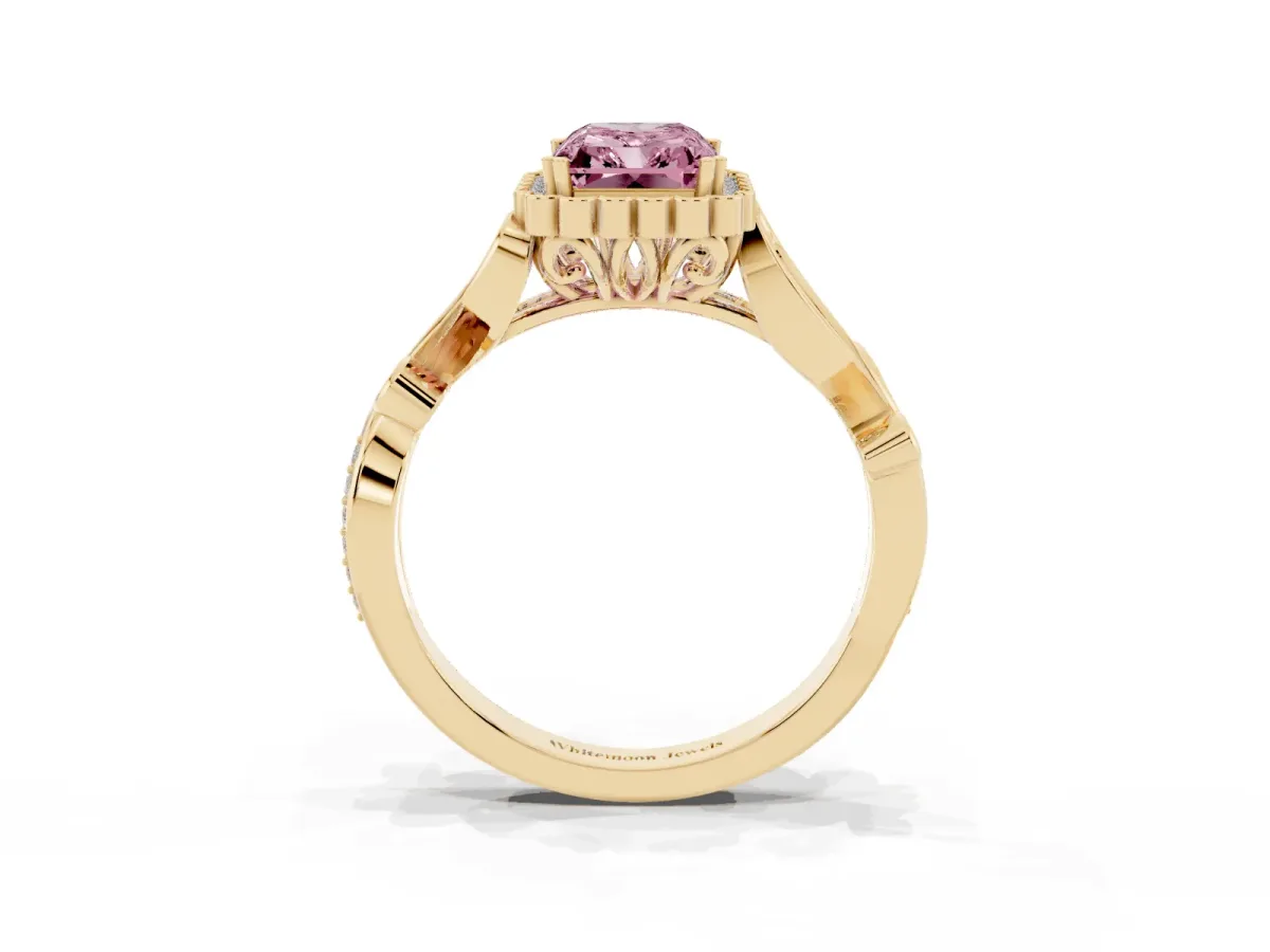 Fancy Pink Radiant Cut Diamond Halo Ring with Vintage Split Shank and Four-Prong Setting Yellow gold