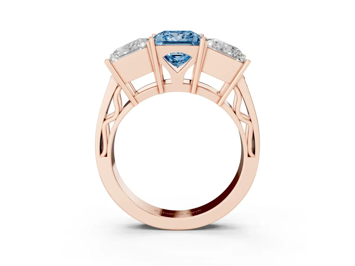 Fancy Blue Princess Cut Diamond Three-Stone Ring with Prong Setting and Textured Band Rose gold