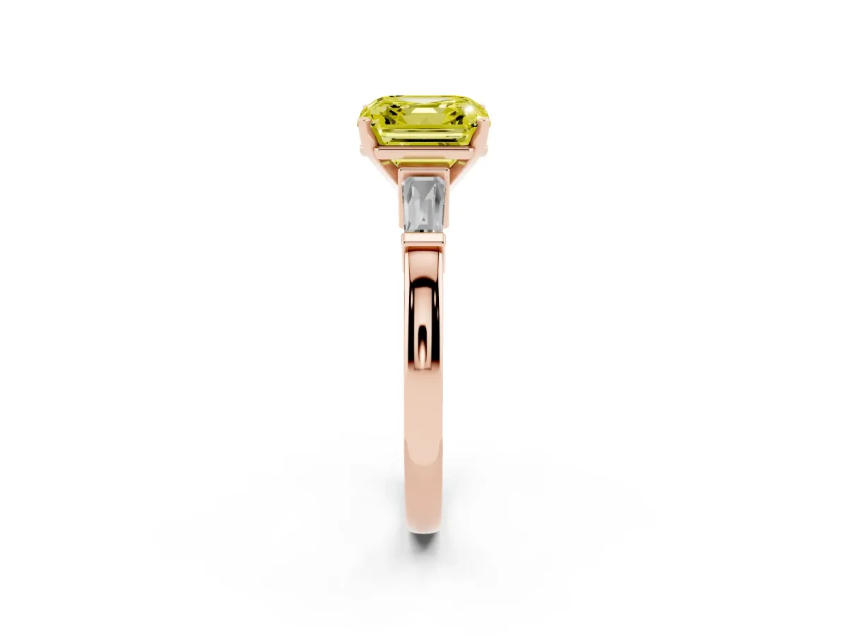 Fancy Yellow Asscher Cut Cut Diamond Solitaire Ring with Tapered Baguette Accents and Four-Prong Setting Rose gold