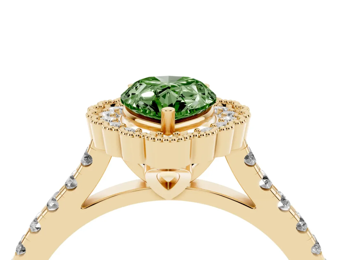 Fancy Green Pear Cut Cut Diamond Milgrain Floral Halo Engagement Ring with Pavé Band Yellow gold