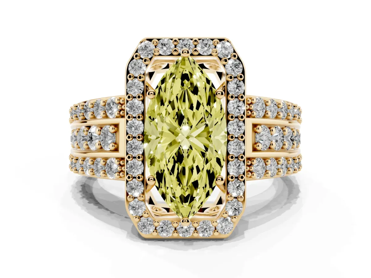 Fancy Yellow Marquise Cut Halo Diamond Ring with Round Split Shank and Prong Setting Yellow gold