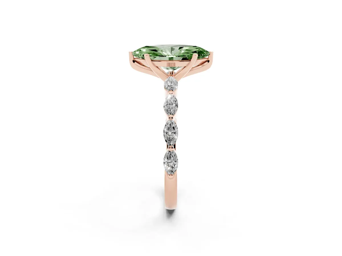 Fancy Green Marquise Cut Diamond Ring with Marquise Side Stones and Prong Setting Rose gold