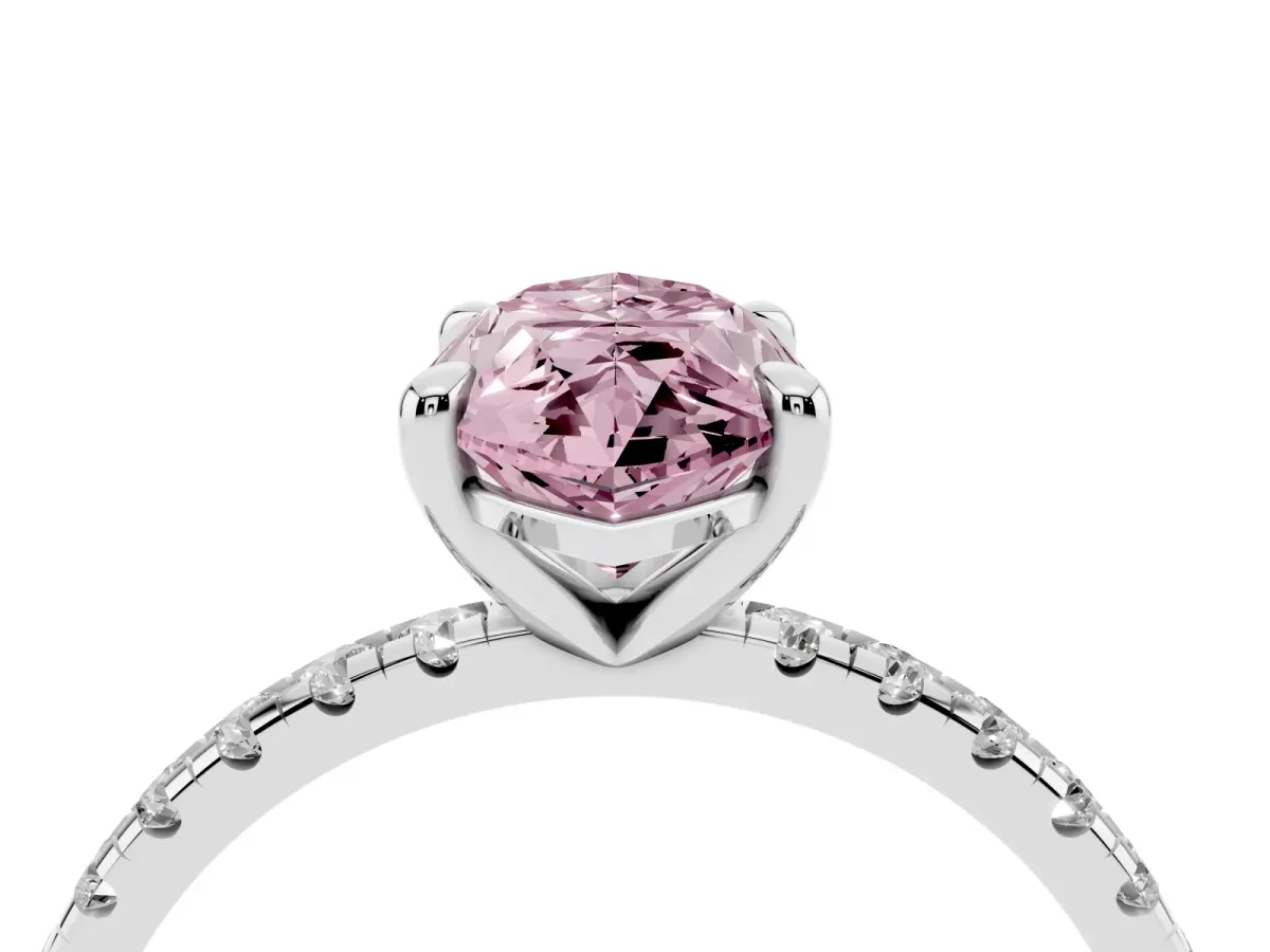 Fancy Pink Marquise Cut Diamond Brilliant Solitaire Ring with Pavé Band and Four-Prong Setting Platinum