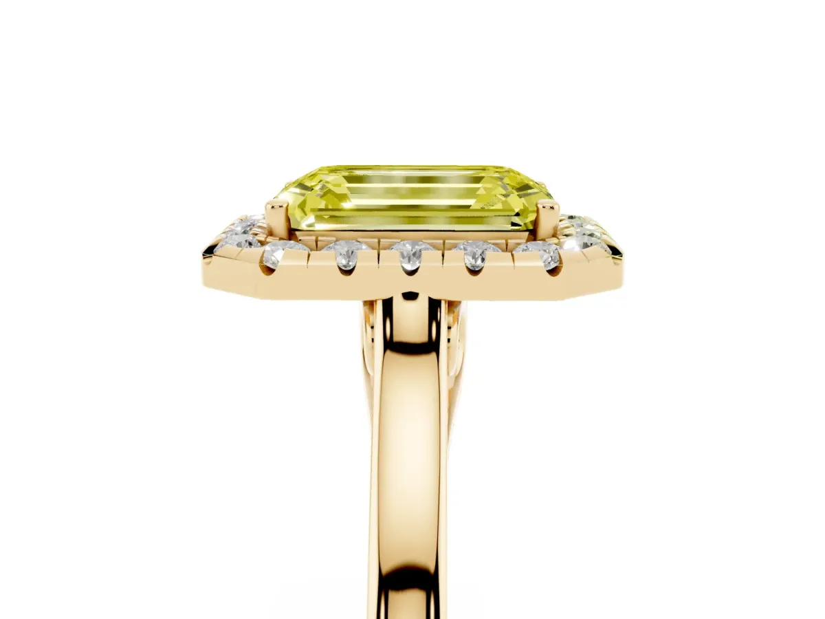 Fancy Yellow Emerald Cut Halo Round Diamond Solitaire Ring with Pavé Band and Four-Prong Setting Yellow gold