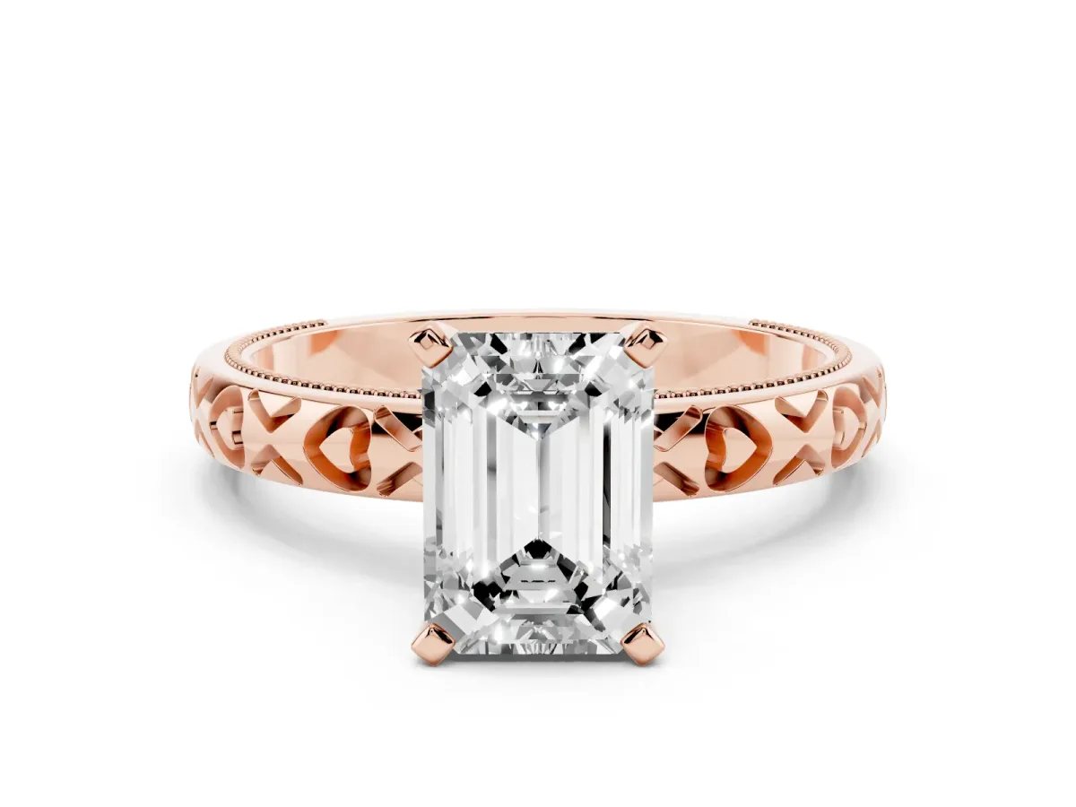 Emerald Cut Solitaire Diamond Engagement Ring with XO Engraved Band and Four-Prong Setting Rose gold