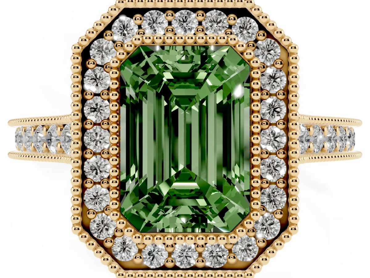 Fancy Green Halo Emerald Cut-Cut Diamond Pave Band Milgrain Prong Setting Ring Yellow gold