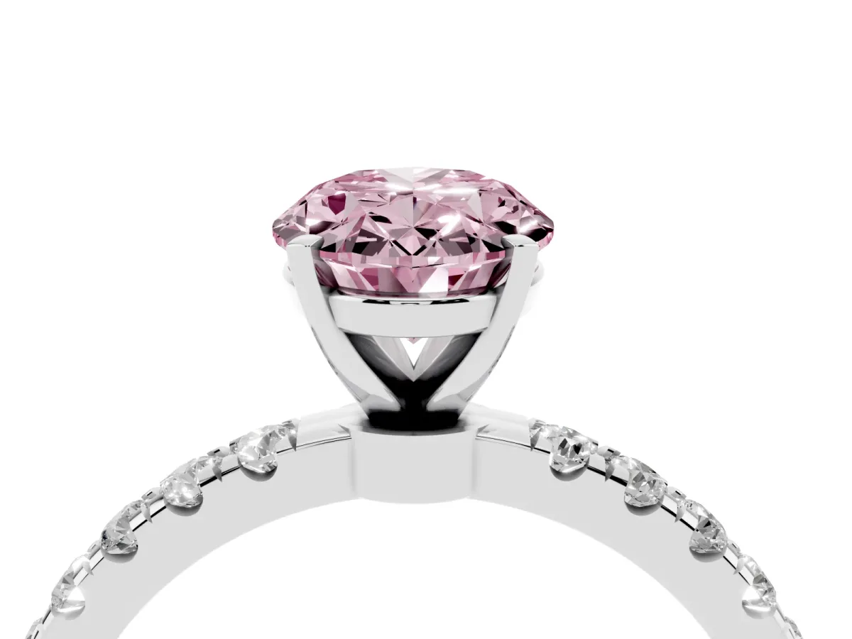 Fancy Pink Oval Cut Diamond Solitaire Ring with Pavé Accents and Four-Prong Setting Platinum