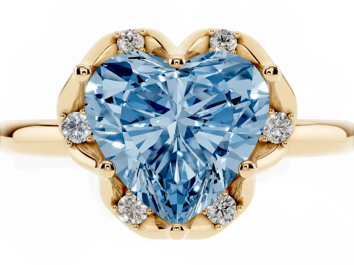 Fancy Blue Heart Cut Halo Diamond Ring with Round Cluster Setting, Solitaire Band, and Four-Prong Setting Yellow gold