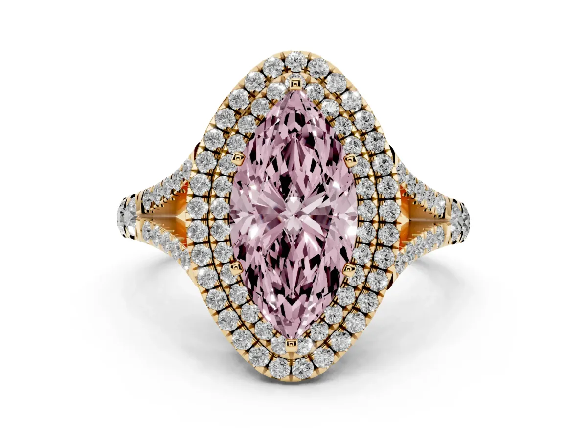 Fancy Pink Double Halo Marquise Cut Diamond Split Shank Engagement Ring with Four-Prong Setting Yellow gold