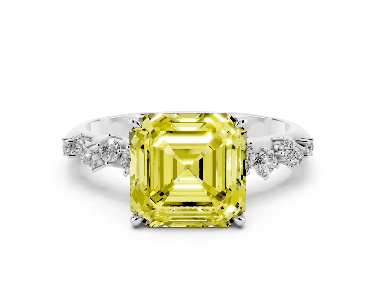 Fancy Yellow Asscher Cut Diamond Cluster Side Stone Solitaire Ring with Prong Setting Platinum