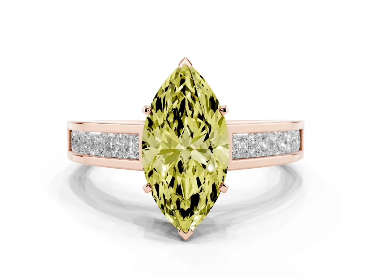 Fancy Yellow Marquise Cut Solitaire Diamond Ring with Channel-Set Band and Four-Prong Setting Rose gold