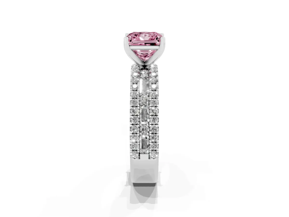 Fancy Pink Princess Cut Diamond Solitaire Ring with Pavé and Channel Set Band Platinum