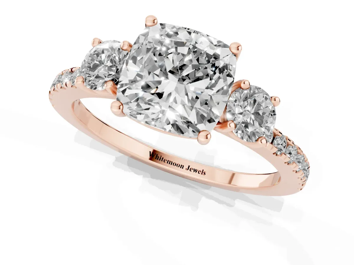 Three-Stone Cushion Cut Cut Diamond Pavé Band with Prong Setting Rose gold