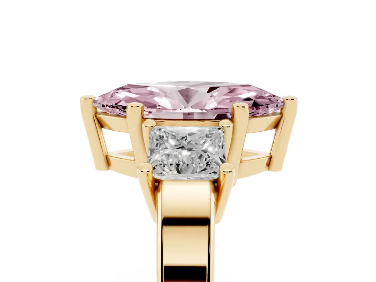 Fancy Pink Three-Stone Marquise Cut Cut Solitaire Ring with Prong Setting Yellow gold