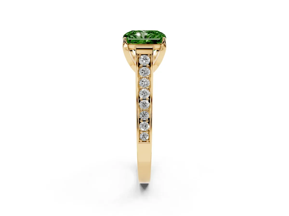 Fancy Green Radiant Cut Brilliant Cut Diamond Engagement Ring with Pavé Band and Four-Prong Setting Yellow gold