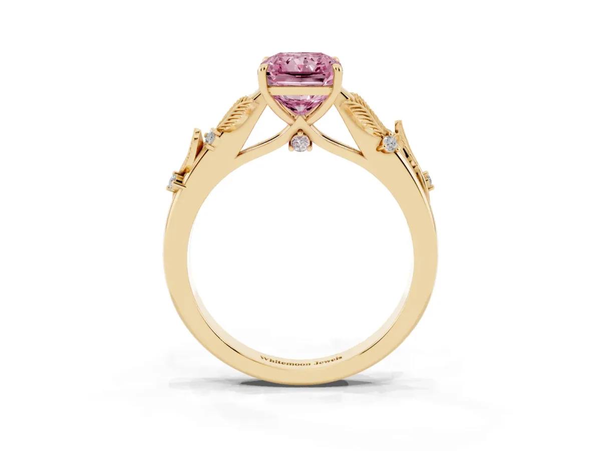 Fancy Pink Radiant Cut Diamond Solitaire Ring with Leaf Motif Band and Four-Prong Setting Yellow gold