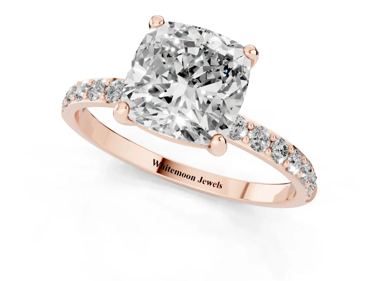 Cushion Cut Diamond Solitaire Ring with Round Pavé Band and Prong Setting Rose gold