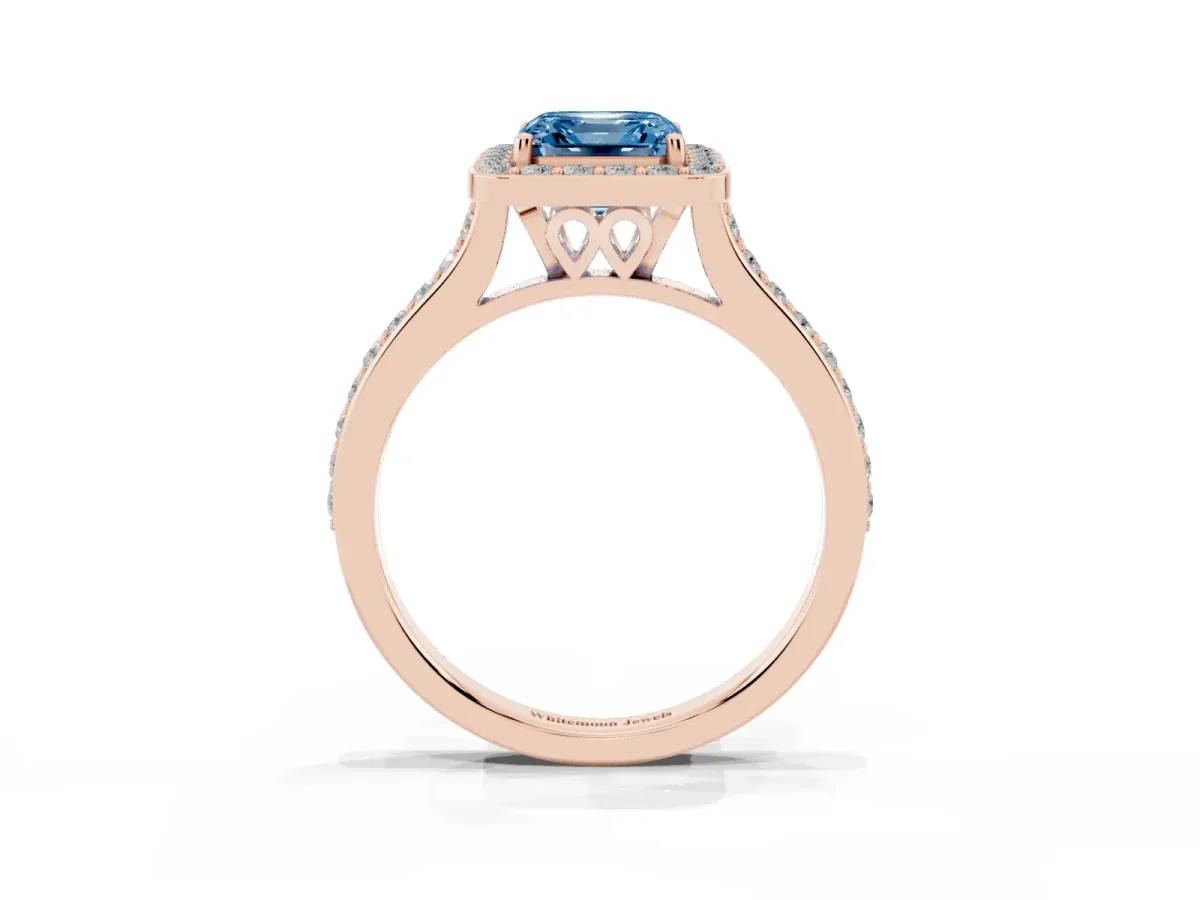 Fancy Blue Asscher Cut Diamond Halo Engagement Ring with Round Pavé Shoulders and Prong Setting Rose gold