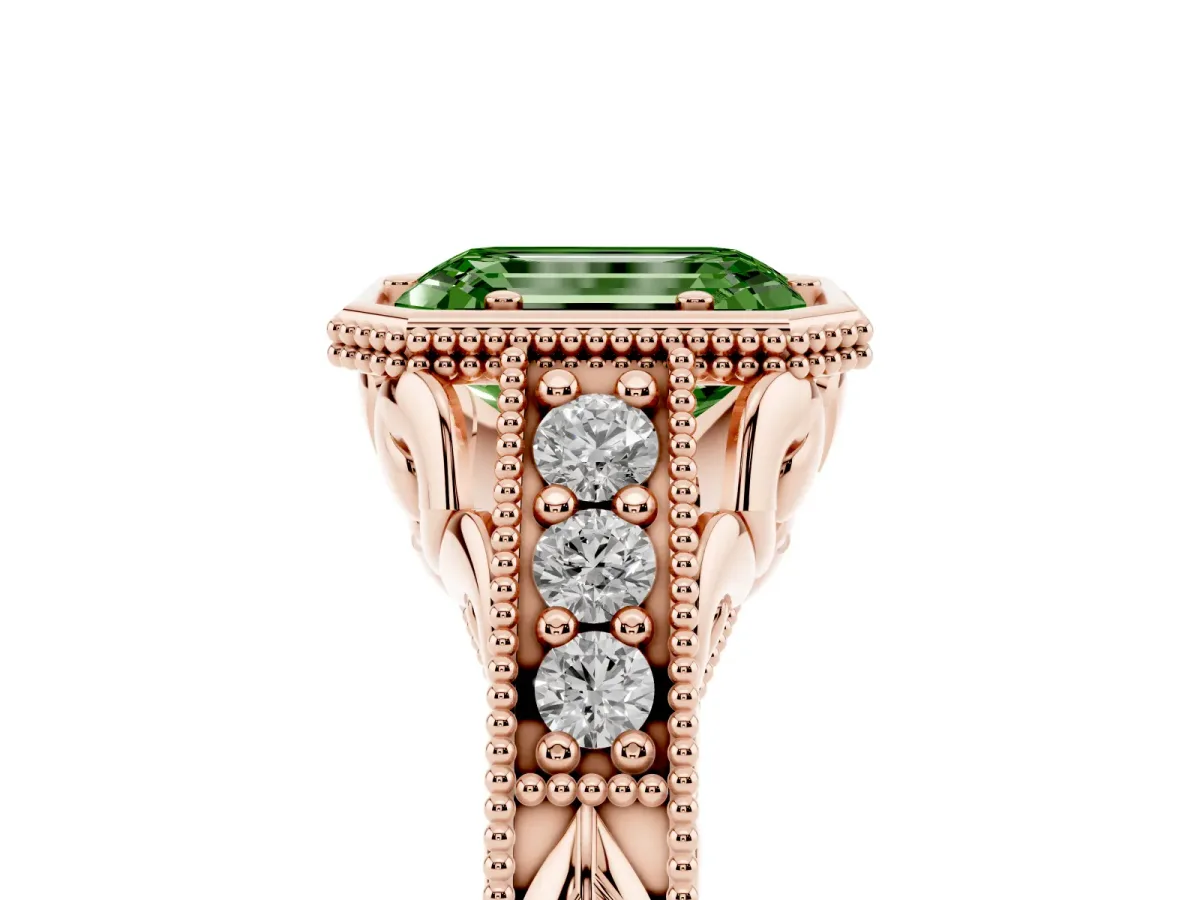 Fancy Green Bezel Set Emerald Cut Diamond Milgrain Pave Engagement Ring Rose gold