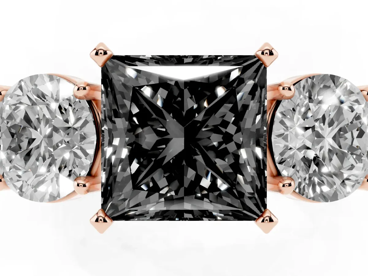 Fancy Black Three-Stone Princess Cut Diamond Ring with Round Side Stones, Classic Band, and Four-Prong Setting Rose gold