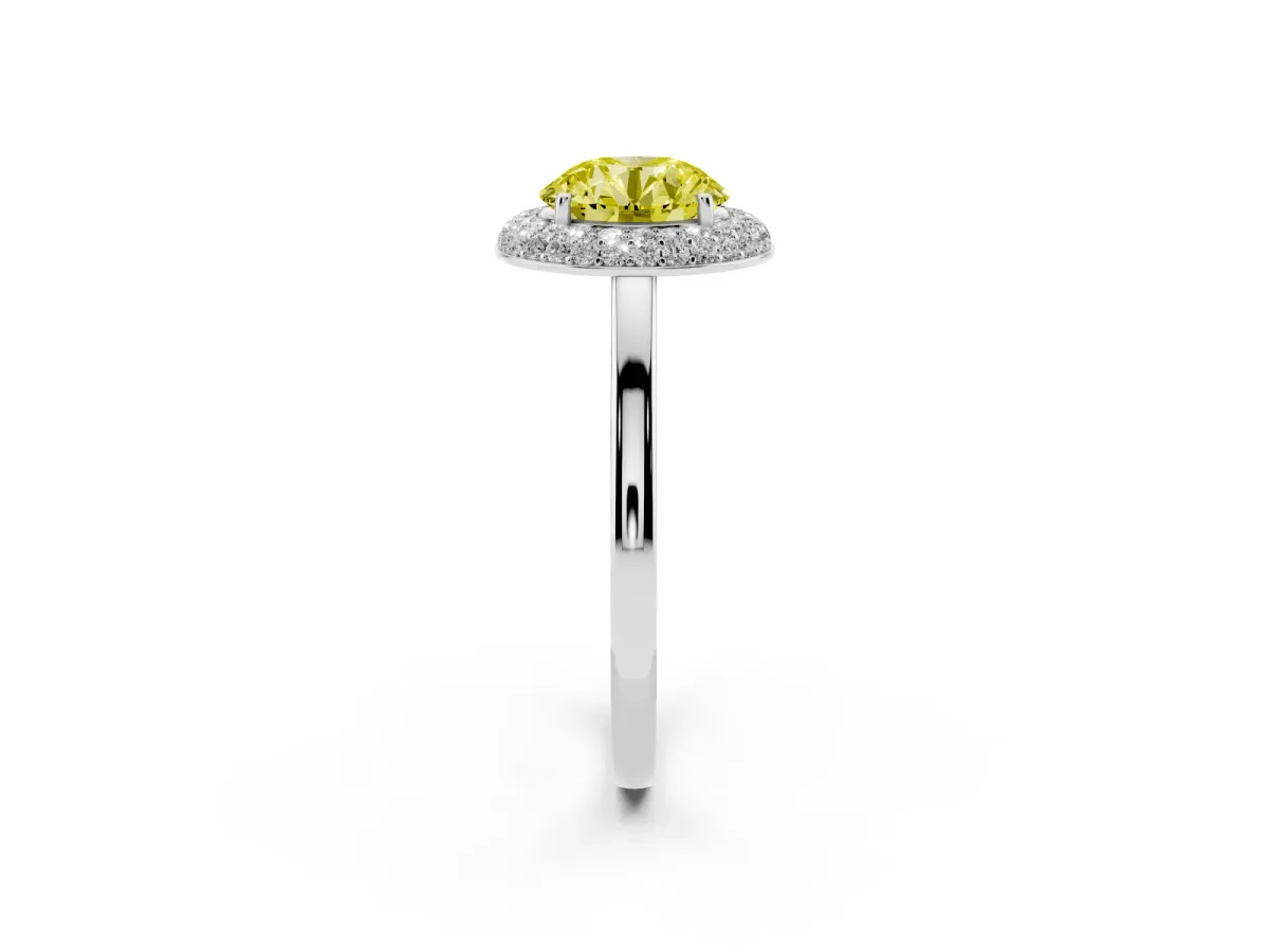 Fancy Yellow Round Cut Halo Diamond Engagement Ring with Solitaire Band and Four-Prong Setting Platinum