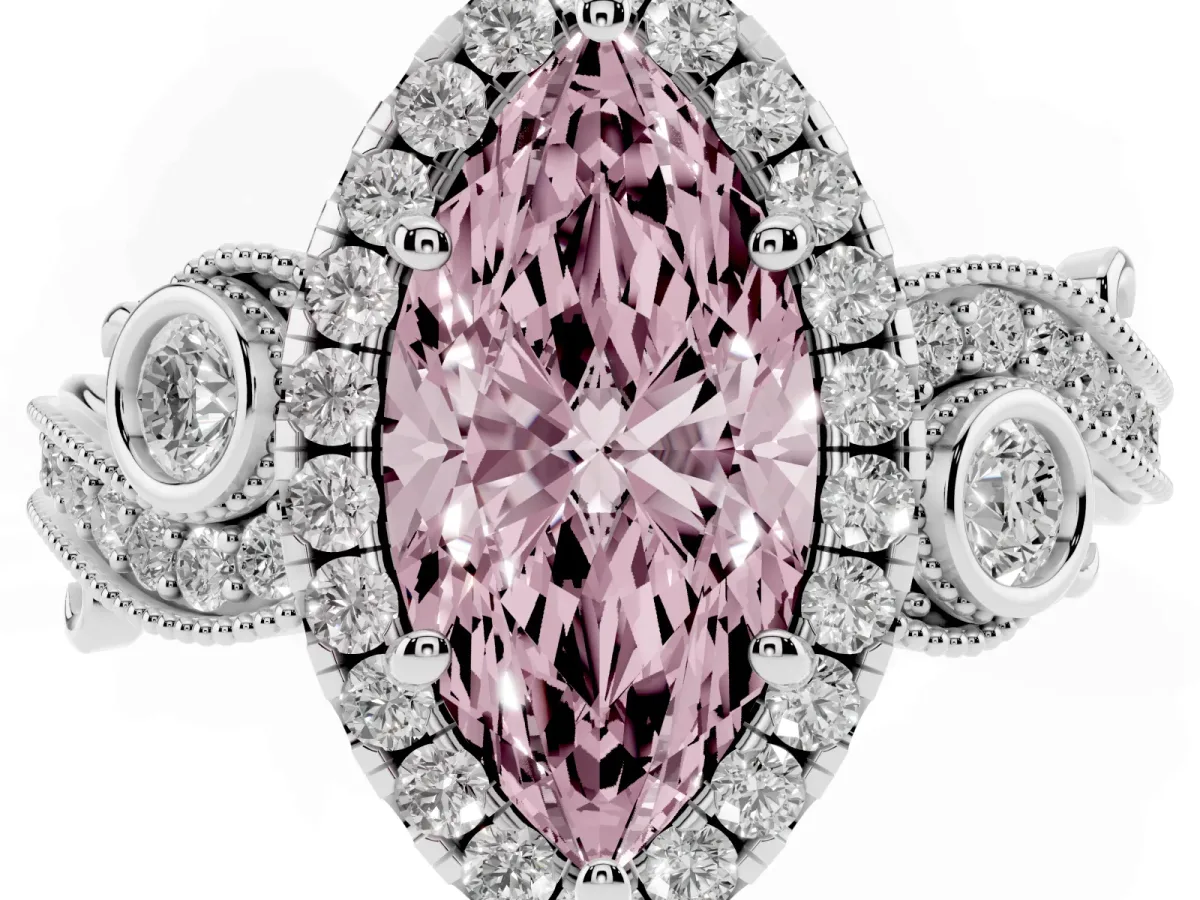 Fancy Pink Marquise Cut Diamond Halo Ring with Milgrain Pavé Band and Four-Prong Setting Silver