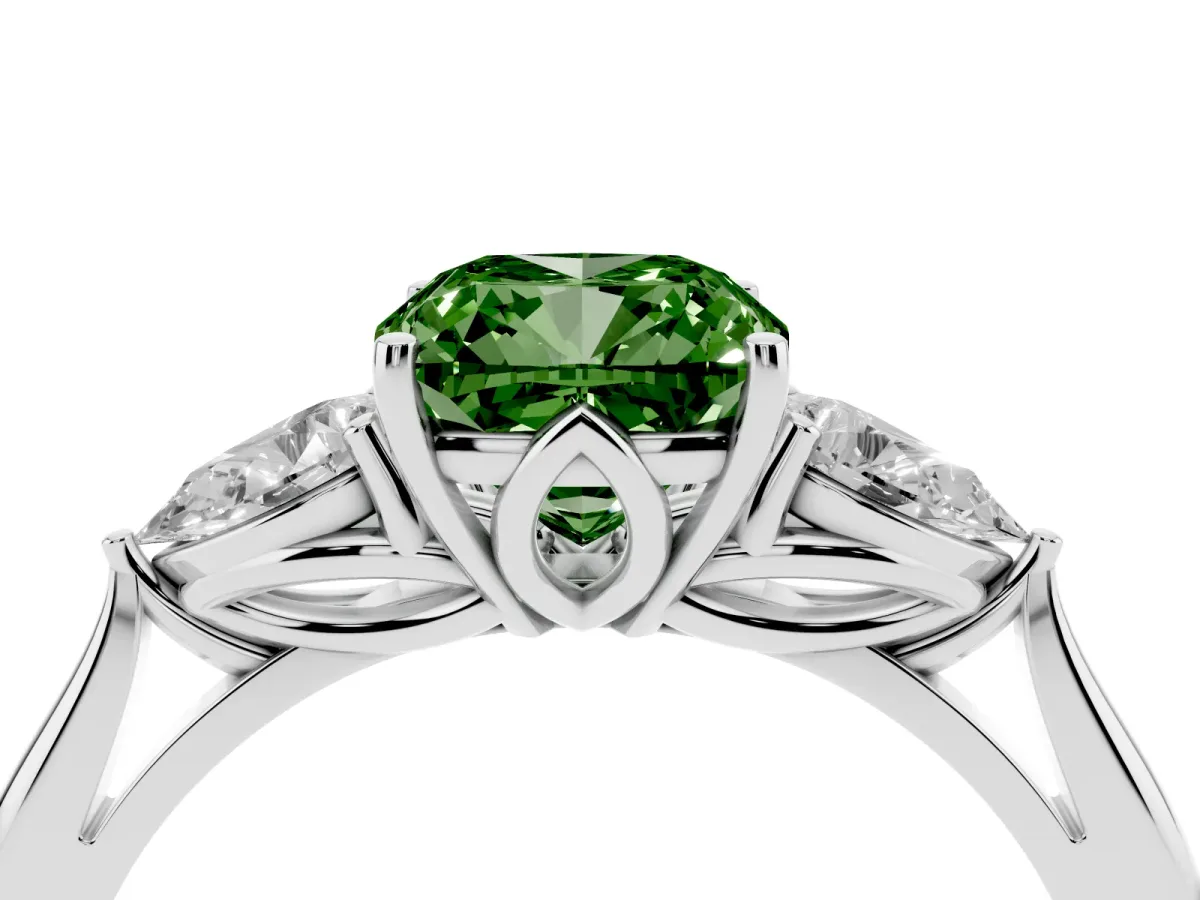 Fancy Green Three-Stone Cushion Cut Diamond Ring with Pear Side Stones in Four-Prong Setting Silver