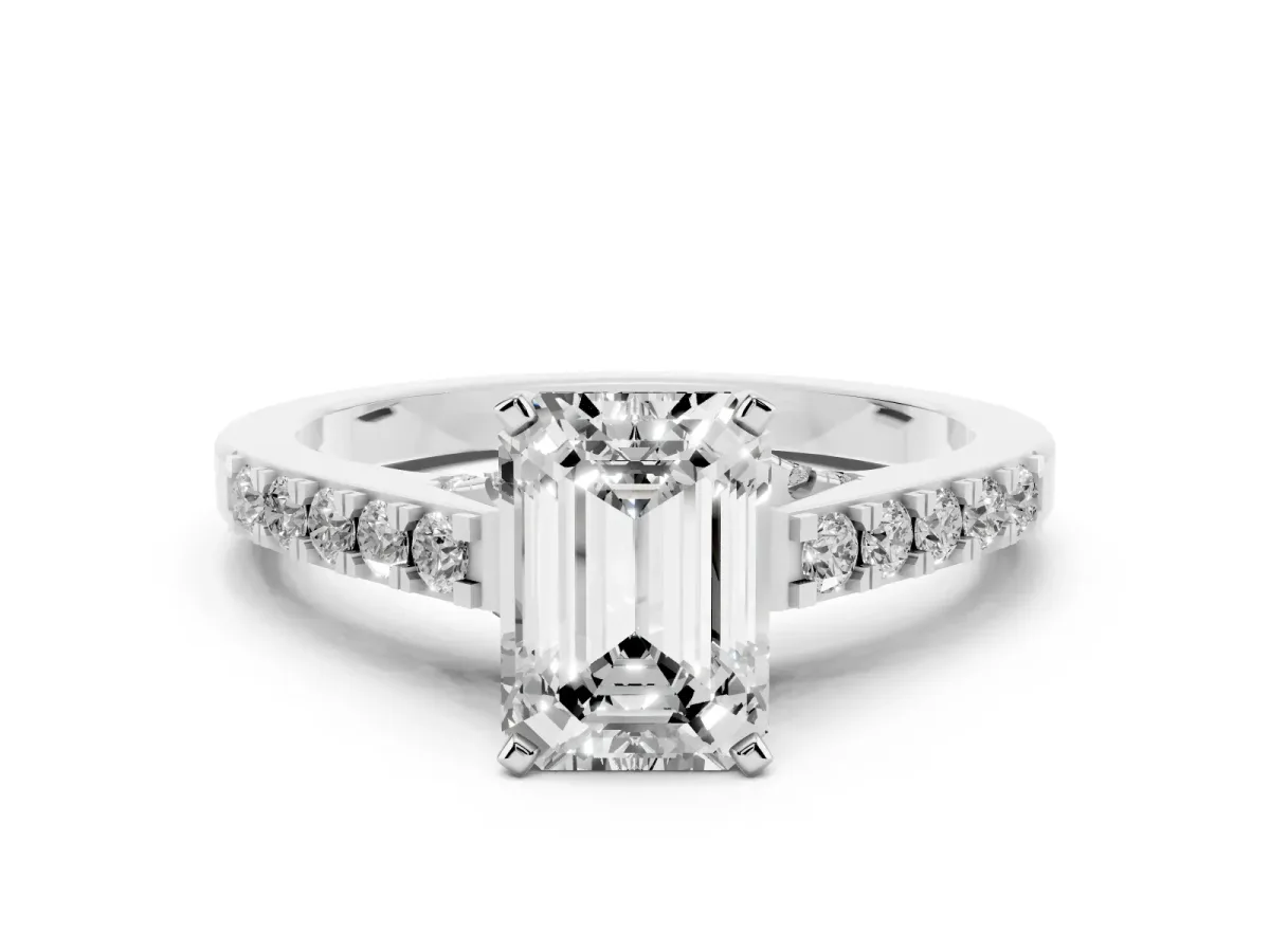 Emerald Cut Diamond Solitaire Ring with Crossover Gallery and Round Pavé Band White gold