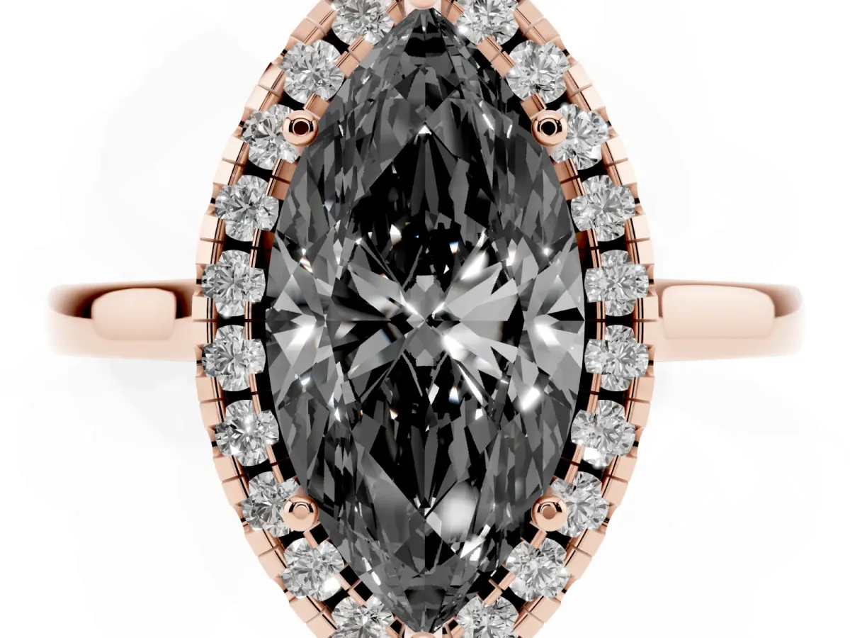 Fancy Black Marquise Cut Halo Round Diamond Solitaire Ring with Pavé Band and Four-Prong Setting Rose gold