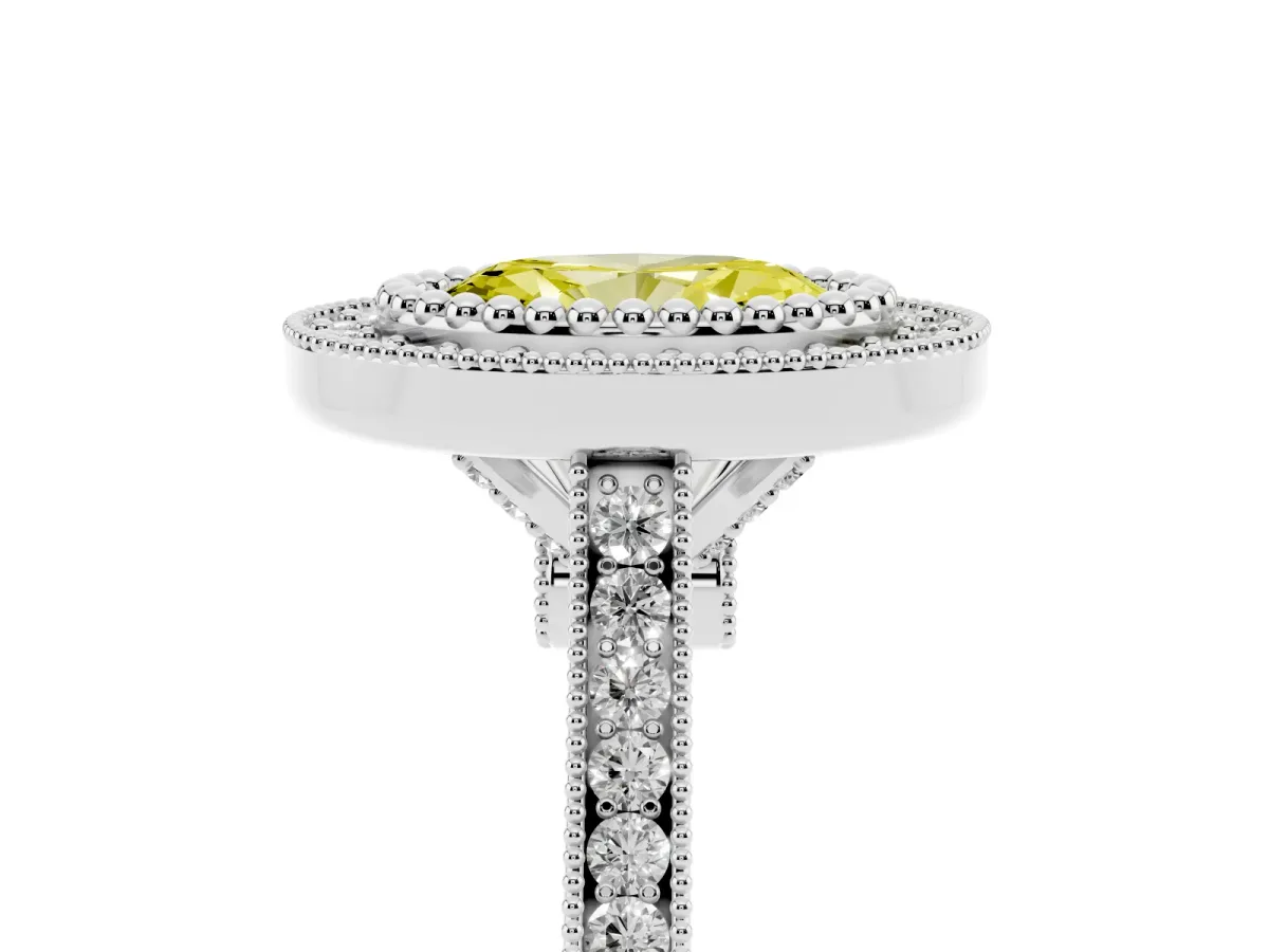 Fancy Yellow Oval Cut Diamond Halo Ring with Milgrain Frame and Pavé Band White gold
