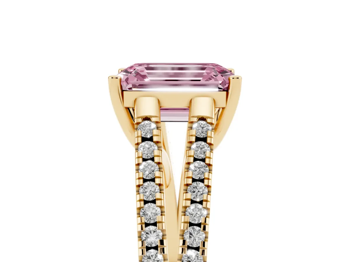 Fancy Pink Emerald Cut Diamond Solitaire Engagement Ring with Split Shank Pavé Band Yellow gold